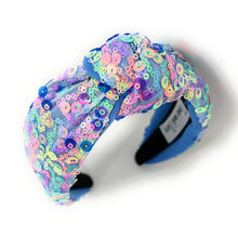 Load image into Gallery viewer, headband for women, summer Knot headband, blue headband, Summer knotted headband, Multicolor top knot headband, multi color top knotted headband, multicolor knotted headband, Bright knot headband, blue Sequin hair band, blue sequin knot headbands, blue knot headband, statement headbands, top knotted headband, knotted headband, Multicolor accessories, embellished headband, gemstone knot headband, luxury headband, embellished knot headband, multicolor knot headband, summer knot embellished headband