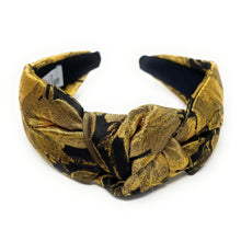 Load image into Gallery viewer, gold black knotted headbands, headbands for women, top knot headband, oriental print headband, best selling items, gold headband, oriental knot headband, oriental accessories, best seller, gold black fabric headband, gold accessories, handmade headband, custom headband, boho headband, fall headband, Gold knot headband, custom knot headband, handmade headband, winter headband, autumn headbands, best selling items, Gold black knot headband