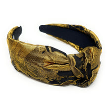 Load image into Gallery viewer, gold black knotted headbands, headbands for women, top knot headband, oriental print headband, best selling items, gold headband, oriental knot headband, oriental accessories, best seller, gold black fabric headband, gold accessories, handmade headband, custom headband, boho headband, fall headband, Gold knot headband, custom knot headband, handmade headband, winter headband, autumn headbands, best selling items, Gold black knot headband