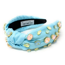 Load image into Gallery viewer, blue Knot headband, light blue knot headband, pastel green knotted headband, blue color accessories, pastel color knot headband, game day headband, game day knotted headband, baby blue headband, blue color hair band, embellished headbands, baby shower headband, knotted headband, baby shower knotted headband, game day hair accessories, light blue accessories, Spring headband, pastel color headband, Easter accessories, custom headband, handmade headbands, Easter knotted headband, best selling items