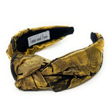 Load image into Gallery viewer, gold black knotted headbands, headbands for women, top knot headband, oriental print headband, best selling items, gold headband, oriental knot headband, oriental accessories, best seller, gold black fabric headband, gold accessories, handmade headband, custom headband, boho headband, fall headband, Gold knot headband, custom knot headband, handmade headband, winter headband, autumn headbands, best selling items, Gold black knot headband