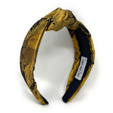 Load image into Gallery viewer, gold black knotted headbands, headbands for women, top knot headband, oriental print headband, best selling items, gold headband, oriental knot headband, oriental accessories, best seller, gold black fabric headband, gold accessories, handmade headband, custom headband, boho headband, fall headband, Gold knot headband, custom knot headband, handmade headband, winter headband, autumn headbands, best selling items, Gold black knot headband