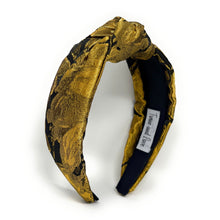 Load image into Gallery viewer, gold black knotted headbands, headbands for women, top knot headband, oriental print headband, best selling items, gold headband, oriental knot headband, oriental accessories, best seller, gold black fabric headband, gold accessories, handmade headband, custom headband, boho headband, fall headband, Gold knot headband, custom knot headband, handmade headband, winter headband, autumn headbands, best selling items, Gold black knot headband