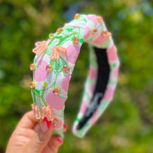 Load image into Gallery viewer, headband for women, summer Knot headband, Summer lover headband, floral knotted headband, yellow top knot headband, pink floral top knotted headband, white knotted headband, Green pink floral hair band, flowers knot headbands, flowers headband, statement headbands, top knotted headband, knotted headband, yellow hair accessories, embellished headband, gemstone knot headband, luxury headband, embellished knot headband, jeweled knot headband, summer knot embellished headband