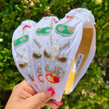 Load image into Gallery viewer, headband for women, Golf Knot headband, golf lover headband, Golf knotted headband, golf top knot headband, golf top knotted headband, golf beaded knot headband, Golf hair band, Golfer knot headbands, white color golfer headband, statement headbands, top knotted headband, knotted headband, golf love gifts, golf embellished headband, gemstone knot headband, luxury headband, embellished knot headband, jeweled knot headband, Golf knot embellished headband