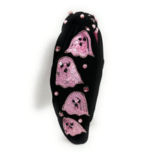 Load image into Gallery viewer, Halloween Headband, Custom Headbands, Hand Bead Headbands for Halloween, pink Halloween Headband, Halloween Headbands, Halloween Knotted Headband, ghosts Knotted Headband, Halloween Hair Accessories, Spooky headband, Custom headbands, Halloween gifts, halloween knot Headband, Halloween hair accessories, pink black Halloween headband, Statement headband, Halloween gifts, spooky Halloween headband, custom Headband, handmade gifts