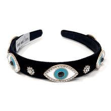 Load image into Gallery viewer, headbands for women, baroque headband, handmade headbands, evil eye headband, black headband, hair band for women, embellished headband, rhinestone headband, bejeweled headband, luxury headband, jeweled headband, black jeweled headband, bling headband, embellished knot headband, luxury knot headband, knot headband, rhinestone headband, evil eye hair accessories, Fall headbands, autumn headbands, custom headband, embellished headband, custom Autumn headbands, Turkish eye headband