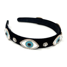Load image into Gallery viewer, headbands for women, baroque headband, handmade headbands, evil eye headband, black headband, hair band for women, embellished headband, rhinestone headband, bejeweled headband, luxury headband, jeweled headband, black jeweled headband, bling headband, embellished knot headband, luxury knot headband, knot headband, rhinestone headband, evil eye hair accessories, Fall headbands, autumn headbands, custom headband, embellished headband, custom Autumn headbands, Turkish eye headband
