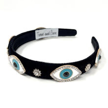 Load image into Gallery viewer, headbands for women, baroque headband, handmade headbands, evil eye headband, black headband, hair band for women, embellished headband, rhinestone headband, bejeweled headband, luxury headband, jeweled headband, black jeweled headband, bling headband, embellished knot headband, luxury knot headband, knot headband, rhinestone headband, evil eye hair accessories, Fall headbands, autumn headbands, custom headband, embellished headband, custom Autumn headbands, Turkish eye headband