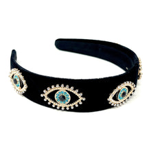 Load image into Gallery viewer, headbands for women, baroque headband, handmade headbands, evil eye headband, black headband, hair band for women, embellished headband, rhinestone headband, bejeweled headband, luxury headband, jeweled headband, black jeweled headband, bling headband, embellished knot headband, luxury knot headband, knot headband, rhinestone headband, evil eye hair accessories, Fall headbands, autumn headbands, custom headband, embellished headband, custom Autumn headbands, Turkish eye headband