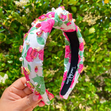 Load image into Gallery viewer, headband for women, summer Knot headband, Summer lover headband, floral knotted headband, pink rose top knot headband, pink  top knotted headband, white knotted headband, pink rose headband, rose print hair band, flowers knot headbands, flowers headband, statement headbands, top knotted headband, knotted headband, Roses hair accessories, embellished headband, gemstone knot headband, luxury headband, embellished knot headband, jeweled knot headband, summer knot embellished headband