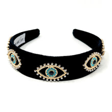 Load image into Gallery viewer, headbands for women, baroque headband, handmade headbands, evil eye headband, black headband, hair band for women, embellished headband, rhinestone headband, bejeweled headband, luxury headband, jeweled headband, black jeweled headband, bling headband, embellished knot headband, luxury knot headband, knot headband, rhinestone headband, evil eye hair accessories, Fall headbands, autumn headbands, custom headband, embellished headband, custom Autumn headbands, Turkish eye headband