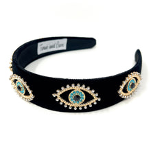 Load image into Gallery viewer, headbands for women, baroque headband, handmade headbands, evil eye headband, black headband, hair band for women, embellished headband, rhinestone headband, bejeweled headband, luxury headband, jeweled headband, black jeweled headband, bling headband, embellished knot headband, luxury knot headband, knot headband, rhinestone headband, evil eye hair accessories, Fall headbands, autumn headbands, custom headband, embellished headband, custom Autumn headbands, Turkish eye headband