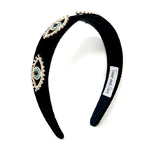 Load image into Gallery viewer, headbands for women, baroque headband, handmade headbands, evil eye headband, black headband, hair band for women, embellished headband, rhinestone headband, bejeweled headband, luxury headband, jeweled headband, black jeweled headband, bling headband, embellished knot headband, luxury knot headband, knot headband, rhinestone headband, evil eye hair accessories, Fall headbands, autumn headbands, custom headband, embellished headband, custom Autumn headbands, Turkish eye headband