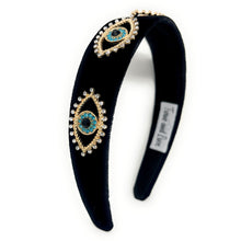 Load image into Gallery viewer, headbands for women, baroque headband, handmade headbands, evil eye headband, black headband, hair band for women, embellished headband, rhinestone headband, bejeweled headband, luxury headband, jeweled headband, black jeweled headband, bling headband, embellished knot headband, luxury knot headband, knot headband, rhinestone headband, evil eye hair accessories, Fall headbands, autumn headbands, custom headband, embellished headband, custom Autumn headbands, Turkish eye headband