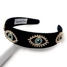 Load image into Gallery viewer, headbands for women, baroque headband, handmade headbands, evil eye headband, black headband, hair band for women, embellished headband, rhinestone headband, bejeweled headband, luxury headband, jeweled headband, black jeweled headband, bling headband, embellished knot headband, luxury knot headband, knot headband, rhinestone headband, evil eye hair accessories, Fall headbands, autumn headbands, custom headband, embellished headband, custom Autumn headbands, Turkish eye headband