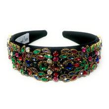 Load image into Gallery viewer, headband for women, fall headband, black baroque headband, fall winter headband, multicolor headband, bridal headband, bridal accessories, black luxurious hairband, luxurious hair band, unique embellished headband, unique headband, statement headband, custom bridal headband, black color accessories, embellished headband, gemstone headband, luxury headband, embellished headband, bling headband, baroque embellished headband, custom headband, jeweled baroque headband, evening hair accessories
