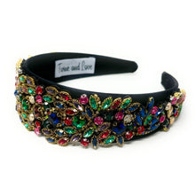 Load image into Gallery viewer, headband for women, fall headband, black baroque headband, fall winter headband, multicolor headband, bridal headband, bridal accessories, black luxurious hairband, luxurious hair band, unique embellished headband, unique headband, statement headband, custom bridal headband, black color accessories, embellished headband, gemstone headband, luxury headband, embellished headband, bling headband, baroque embellished headband, custom headband, jeweled baroque headband, evening hair accessories