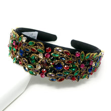 Load image into Gallery viewer, headband for women, fall headband, black baroque headband, fall winter headband, multicolor headband, bridal headband, bridal accessories, black luxurious hairband, luxurious hair band, unique embellished headband, unique headband, statement headband, custom bridal headband, black color accessories, embellished headband, gemstone headband, luxury headband, embellished headband, bling headband, baroque embellished headband, custom headband, jeweled baroque headband, evening hair accessories
