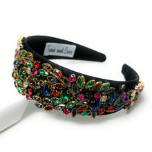 Load image into Gallery viewer, headband for women, fall headband, black baroque headband, fall winter headband, multicolor headband, bridal headband, bridal accessories, black luxurious hairband, luxurious hair band, unique embellished headband, unique headband, statement headband, custom bridal headband, black color accessories, embellished headband, gemstone headband, luxury headband, embellished headband, bling headband, baroque embellished headband, custom headband, jeweled baroque headband, evening hair accessories