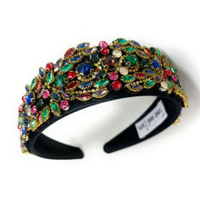 Load image into Gallery viewer, headband for women, fall headband, black baroque headband, fall winter headband, multicolor headband, bridal headband, bridal accessories, black luxurious hairband, luxurious hair band, unique embellished headband, unique headband, statement headband, custom bridal headband, black color accessories, embellished headband, gemstone headband, luxury headband, embellished headband, bling headband, baroque embellished headband, custom headband, jeweled baroque headband, evening hair accessories