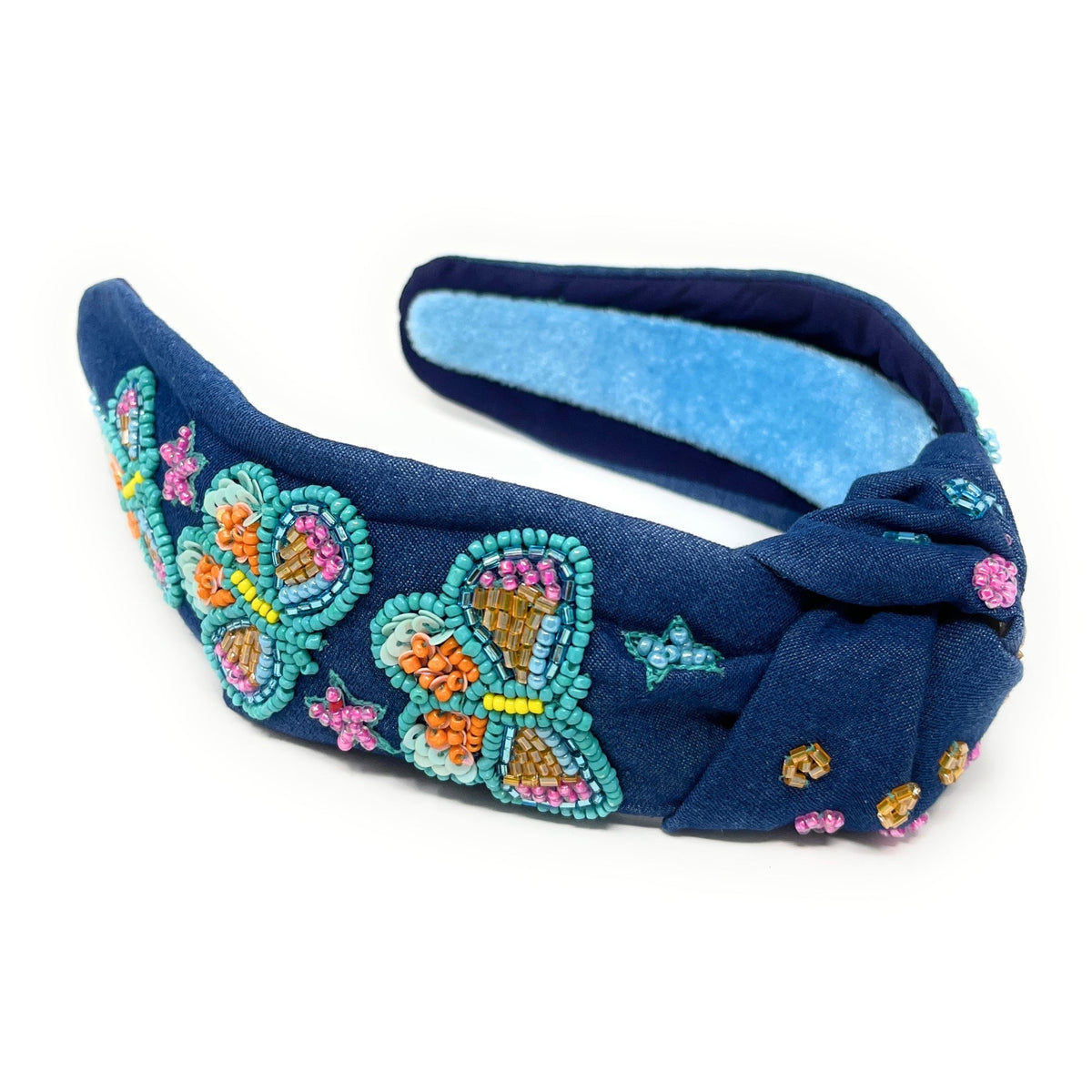 Elegant Dark Wash Denim Headband with Beaded & Jeweled Butterfly Denim Beaded Headband – Shop Margaret main image 4