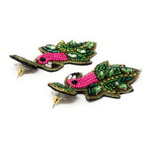 Load image into Gallery viewer, custom beaded Earrings, flamingo jeweled Earrings, flamingo Beaded Earrings, flamingo earrings, jeweled earrings, handmade earrings, custom earrings, bejeweled accessories, tropical jewelry accessories, embellished earrings, custom earrings, best friend gifts, birthday gifts, bohemian earrings, luxurious handmade accessories, party earrings, Fancy earrings, boho earrings, rhinestone earrings, embellished earrings, Fancy jeweled earrings, party earrings, statement earrings, best selling items