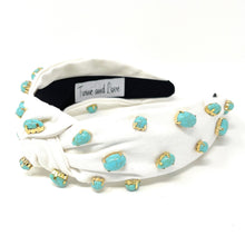 Load image into Gallery viewer, headbands for women, Wide knot headband, handmade headbands, top knotted headband, knotted headband, hair band for women, embellished headband, rhinestone headband, bejeweled headband, luxury headband, jeweled headband for women, knotted jeweled headband, bling headband, embellished knot headband, luxury knot headband, pearly headbands, turquoise gemstone headband, turquoise hair accessories, white headbands, boho headbands, boho jeweled headband, embellished headband, best selling items