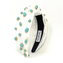 Load image into Gallery viewer, headbands for women, Wide knot headband, handmade headbands, top knotted headband, knotted headband, hair band for women, embellished headband, rhinestone headband, bejeweled headband, luxury headband, jeweled headband for women, knotted jeweled headband, bling headband, embellished knot headband, luxury knot headband, pearly headbands, turquoise gemstone headband, turquoise hair accessories, white headbands, boho headbands, boho jeweled headband, embellished headband, best selling items
