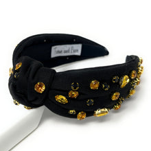 Load image into Gallery viewer, headband for women, gingham Knot headband, black knot headband, black gingham knotted headband, black top knot headband, game day top knotted headband, black knotted headband, gingham print headband, black white gingham print hair band, black white headbands, saints headband, college knot headbands, gingham top knotted headband, Philadelphia eagles knotted headband, game day hair accessories, embellished headband, Carolina panthers headband, embellished knot headband, Pittsburg knot embellished headband