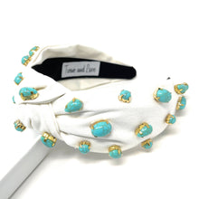 Load image into Gallery viewer, headbands for women, Wide knot headband, handmade headbands, top knotted headband, knotted headband, hair band for women, embellished headband, rhinestone headband, bejeweled headband, luxury headband, jeweled headband for women, knotted jeweled headband, bling headband, embellished knot headband, luxury knot headband, pearly headbands, turquoise gemstone headband, turquoise hair accessories, white headbands, boho headbands, boho jeweled headband, embellished headband, best selling items