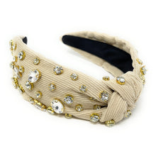 Load image into Gallery viewer, Thanksgiving Jeweled Headband, Fall headband, Autumn Hair Accessories, Autumn Headband, knot headband, boho headband, best selling items, Fall knotted headband, hairbands for women, thanksgiving  gifts,  Fall knot Headband, Fall accessories, beige corduroy headband, Corduroy headband, Statement headband, Christmas gifts, jeweled knot headband, Jeweled headband, Corduroy knot headband, Embellished headband, Autumn embellished headband, bejeweled headband