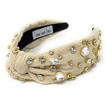 Load image into Gallery viewer, Thanksgiving Jeweled Headband, Fall headband, Autumn Hair Accessories, Autumn Headband, knot headband, boho headband, best selling items, Fall knotted headband, hairbands for women, thanksgiving  gifts,  Fall knot Headband, Fall accessories, beige corduroy headband, Corduroy headband, Statement headband, Christmas gifts, jeweled knot headband, Jeweled headband, Corduroy knot headband, Embellished headband, Autumn embellished headband, bejeweled headband