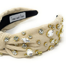 Load image into Gallery viewer, Thanksgiving Jeweled Headband, Fall headband, Autumn Hair Accessories, Autumn Headband, knot headband, boho headband, best selling items, Fall knotted headband, hairbands for women, thanksgiving  gifts,  Fall knot Headband, Fall accessories, beige corduroy headband, Corduroy headband, Statement headband, Christmas gifts, jeweled knot headband, Jeweled headband, Corduroy knot headband, Embellished headband, Autumn embellished headband, bejeweled headband