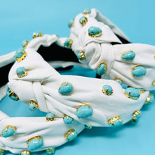 Load image into Gallery viewer, headbands for women, Wide knot headband, handmade headbands, top knotted headband, knotted headband, hair band for women, embellished headband, rhinestone headband, bejeweled headband, luxury headband, jeweled headband for women, knotted jeweled headband, bling headband, embellished knot headband, luxury knot headband, pearly headbands, turquoise gemstone headband, turquoise hair accessories, white headbands, boho headbands, boho jeweled headband, embellished headband, best selling items