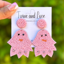 Load image into Gallery viewer, Halloween beaded Earrings, beaded halloween Earrings, halloween Earrings, Pink Halloween Earrings, earrings for halloween, pink ghost beaded earrings, spooky beaded earrings, Pink ghost earrings, Unique earrings, statement earrings, Halloween jewelry, cat earrings, Pink ghost, spooky cat earrings, costume jewelry, Holiday earrings, custom earrings, custom designs, pink earrings, dangling earrings, lightweight earrings, halloween accessories, pink halloween vibes, spooky vibes, handmade gifts