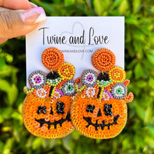 Load image into Gallery viewer, Halloween beaded Earrings, Pumpkin candy bucket Earrings, halloween Earrings, candy Halloween Earrings, earrings for halloween, Pumpkin candy bucket beaded earrings, spooky beaded earrings, Pumpkin earrings, Unique earrings, statement earrings, Halloween jewelry, cat earrings, candy bucket earrings, spooky cat earrings, costume jewelry, Holiday earrings, custom earrings, custom designs, dangling earrings, lightweight earrings, halloween accessories, halloween vibes, spooky vibes, handmade gifts