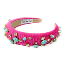 Load image into Gallery viewer, headbands for women, baroque headband, handmade headbands, pink headband, neon pink headband, hair band for women, embellished headband, rhinestone headband, bejeweled headband, luxury headband, jeweled headband, pink jeweled headband, bling headband, embellished knot headband, luxury knot headband, knot headband, rhinestone headband, evil eye hair accessories, turquoise pebbles headband, autumn headbands, custom headband, embellished headband, custom Autumn headbands, padded headband