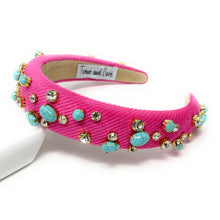 Load image into Gallery viewer, headbands for women, baroque headband, handmade headbands, pink headband, neon pink headband, hair band for women, embellished headband, rhinestone headband, bejeweled headband, luxury headband, jeweled headband, pink jeweled headband, bling headband, embellished knot headband, luxury knot headband, knot headband, rhinestone headband, evil eye hair accessories, turquoise pebbles headband, autumn headbands, custom headband, embellished headband, custom Autumn headbands, padded headband