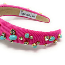 Load image into Gallery viewer, headbands for women, baroque headband, handmade headbands, pink headband, neon pink headband, hair band for women, embellished headband, rhinestone headband, bejeweled headband, luxury headband, jeweled headband, pink jeweled headband, bling headband, embellished knot headband, luxury knot headband, knot headband, rhinestone headband, evil eye hair accessories, turquoise pebbles headband, autumn headbands, custom headband, embellished headband, custom Autumn headbands, padded headband