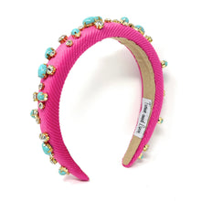 Load image into Gallery viewer, headbands for women, baroque headband, handmade headbands, pink headband, neon pink headband, hair band for women, embellished headband, rhinestone headband, bejeweled headband, luxury headband, jeweled headband, pink jeweled headband, bling headband, embellished knot headband, luxury knot headband, knot headband, rhinestone headband, evil eye hair accessories, turquoise pebbles headband, autumn headbands, custom headband, embellished headband, custom Autumn headbands, padded headband