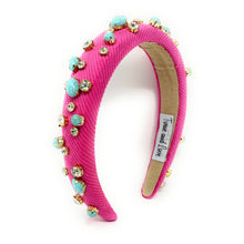 Load image into Gallery viewer, headbands for women, baroque headband, handmade headbands, pink headband, neon pink headband, hair band for women, embellished headband, rhinestone headband, bejeweled headband, luxury headband, jeweled headband, pink jeweled headband, bling headband, embellished knot headband, luxury knot headband, knot headband, rhinestone headband, evil eye hair accessories, turquoise pebbles headband, autumn headbands, custom headband, embellished headband, custom Autumn headbands, padded headband
