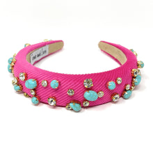 Load image into Gallery viewer, headbands for women, baroque headband, handmade headbands, pink headband, neon pink headband, hair band for women, embellished headband, rhinestone headband, bejeweled headband, luxury headband, jeweled headband, pink jeweled headband, bling headband, embellished knot headband, luxury knot headband, knot headband, rhinestone headband, evil eye hair accessories, turquoise pebbles headband, autumn headbands, custom headband, embellished headband, custom Autumn headbands, padded headband