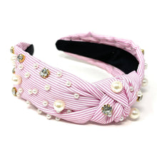Load image into Gallery viewer, headbands for women, Wide headband, handmade headbands, top knotted headband, knotted headband, hair band for women, embellished headband, rhinestone headband, gemstone headband for women, luxury headband, jeweled headband for women, knotted jeweled headband, bling headband, embellished knot headband, luxury knot headband, pearly headbands, pearly rhinestone headband, spring hair accessories, black and white headband, spring headbands, Striped jeweled headband, embellished headband, best selling items