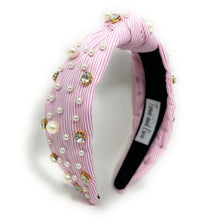 Load image into Gallery viewer, headbands for women, Wide headband, handmade headbands, top knotted headband, knotted headband, hair band for women, embellished headband, rhinestone headband, gemstone headband for women, luxury headband, jeweled headband for women, knotted jeweled headband, bling headband, embellished knot headband, luxury knot headband, pearly headbands, pearly rhinestone headband, spring hair accessories, black and white headband, spring headbands, Striped jeweled headband, embellished headband, best selling items