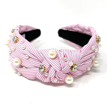 Load image into Gallery viewer, headbands for women, Wide headband, handmade headbands, top knotted headband, knotted headband, hair band for women, embellished headband, rhinestone headband, gemstone headband for women, luxury headband, jeweled headband for women, knotted jeweled headband, bling headband, embellished knot headband, luxury knot headband, pearly headbands, pearly rhinestone headband, spring hair accessories, black and white headband, spring headbands, Striped jeweled headband, embellished headband, best selling items