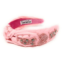 Load image into Gallery viewer, headband for women, breast cancer awareness Knot headband, cancer awareness headband, pink ribbon knotted headband, pink ribbon top knot headband, Cancer awareness top knotted headband, pink knotted headband, pink ribbon hair band, cancer awareness, Pink color headband, statement headbands, top knotted headband, knotted headband, breast cancer awareness gifts, strawberry embellished headband, luxury headband, embellished knot headband, jeweled knot headband