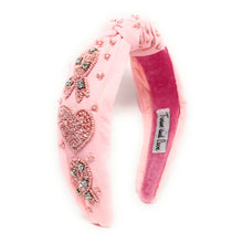 Load image into Gallery viewer, headband for women, breast cancer awareness Knot headband, cancer awareness headband, pink ribbon knotted headband, pink ribbon top knot headband, Cancer awareness top knotted headband, pink knotted headband, pink ribbon hair band, cancer awareness, Pink color headband, statement headbands, top knotted headband, knotted headband, breast cancer awareness gifts, strawberry embellished headband, luxury headband, embellished knot headband, jeweled knot headband