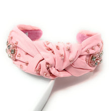 Load image into Gallery viewer, headband for women, breast cancer awareness Knot headband, cancer awareness headband, pink ribbon knotted headband, pink ribbon top knot headband, Cancer awareness top knotted headband, pink knotted headband, pink ribbon hair band, cancer awareness, Pink color headband, statement headbands, top knotted headband, knotted headband, breast cancer awareness gifts, strawberry embellished headband, luxury headband, embellished knot headband, jeweled knot headband