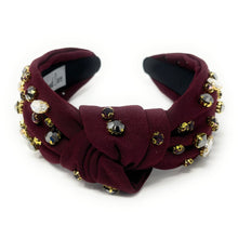 Load image into Gallery viewer, dark red knot headband, maroon jeweled knot headband, GameDay headband, maroon embellished headband, maroon knotted headband, College Game day headband, college knotted headband, hail state college headband, hail state headband, best friend gift, college go bears, college game day gift, Mississippi knot headband, Mississippi university college gifts, hail state fan, college gifts, roll tide football headband, hail state tailgating outfit, basketball knot headband, Football team headband, soccer headband